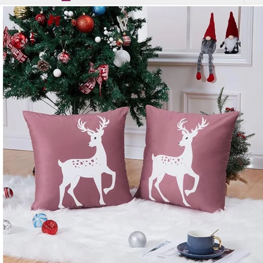 20 x 20 Pink Christmas Reindeer Pillow Cases- Set of 2 - Picture 2 of 5
